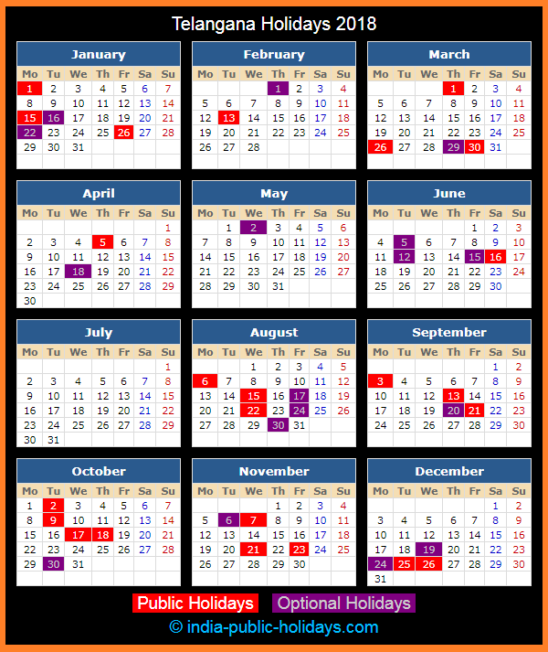 Telangana Holiday Calendar 2018